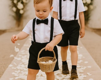 Linen Blend Ring Bearer Outfit: Suspender Shorts, Shirt & Bow Tie