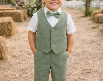 Traje de niño 100 % lino verde salvia / Traje de portador de anillos / Traje de paje
