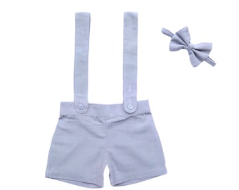 Boy Suspender Shorts- Light grey ,Linen Shorts,Page Boy,Christening Outfit,Ring Bearer,Baptism,Shorts with Braces,Wedding attendant