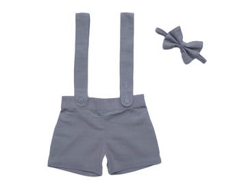 Boy Suspender Shorts- Charcoal ,Linen Shorts,Page Boy,Christening Outfit,Ring Bearer,Baptism,Shorts with Braces,Wedding attendant