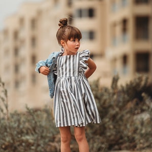 Baby Girl striped Dress, Flutter Sleeve Dress, Baby Girl Dress, Ruffle Dress, Baby Shower Gift, Tied Strap Dress, grey striped dress