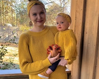 Mommy and me Outfit,Mustard knitted Jumper,Knitwear Jumper,Knitwear Sweater,Baby knitted Sweater,mother daughter matching,Matching sweater