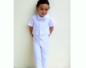 4 pcs. Boy Christening Outfit-Light Grey,Suspender pants,Boys Linen Suit,Page Boy Outfit,Ring bearer,Baptism Outfit,Linen pants,newsboy,Suit