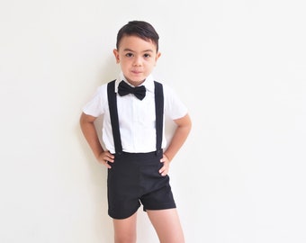 Boy Suspender Shorts-Black,Linen Shorts,Page Boy,Christening Outfit,Ring Bearer,Baptism,Shorts with Braces,boy suit,Wedding Suit