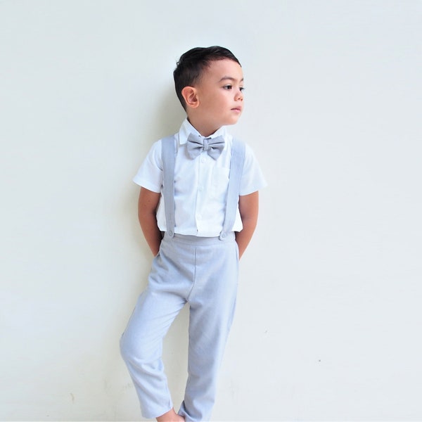 Boy Suspender Pants - Light Grey, Linen Pants, Pageboy, Christening Outfit, Ring Bearer pants, Baptism outfit, Linen Suit grey, Wedding suit