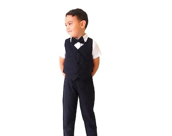 4 pcs. Boy Linen Suit - Black, Boy Suit, Christening Outfit, Page Boy Outfit, Ring bearer Outfit,Baptism Outfit,Wedding suit,Suspender pants