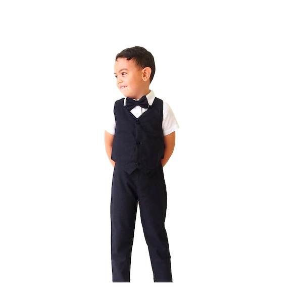 4 pcs. Boy Linen Suit - Black, Boy Suit, Christening Outfit, Page Boy Outfit, Ring bearer Outfit,Baptism Outfit,Wedding suit,Suspender pants