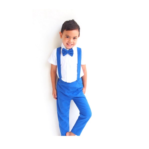 Boy Suspender Pants-Blue, Linen Pants, Page Boy suit pants, Christening Outfit,Ring Bearer,Baptism boy,Royal Blue suit,Baby boy Wedding suit