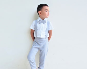 Boy Suspender Pants - Light Grey, Linen Pants, Pageboy, Christening Outfit, Ring Bearer pants, Baptism outfit, Linen Suit grey, Wedding suit