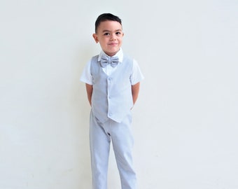 4 pcs. Boy Christening Outfit-Light Grey, Suspender pants, Linen Suit,Pageboy outfit, Ring bearer, Baptism,Linen pants grey, wedding suit