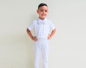 3 pcs. Boy Christening Outfit-White,Suspender pants,Boy linen Suit,Page Boy,Ring bearer,Baptism boy,pants with Braces,Page boy,wedding suit