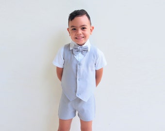 4 pcs. Boy Linen Suit - Light grey, Christening Outfit, Page Boy Outfit, Ring bearer Outfit,Baptism Outfit,Wedding suit,Suspender pants