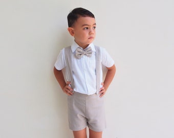 Boy Suspender Shorts - Beige, Linen Shorts , Page Boy suit, Christening Outfit, Ring Bearer, Baptism, Shorts with Braces, Wedding suit