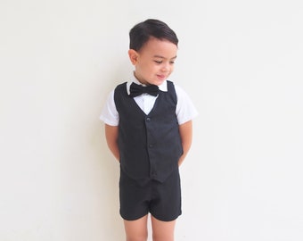 4 pcs Boy Christening Outfit-Black,Suspender Shorts,Boy Suit linen,Page Boy,Ring Bearer,Baptism boy,Shorts with Braces,Wedding attendant