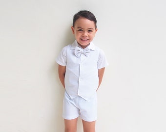 4 pcs. Boy Christening Outfit-White,Suspender Shorts,Linen Suit boy,Page Boy,Ring Bearer,Baptism boy,Shorts with Braces,Wedding attendant