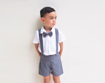 Boy Suspender Shorts- Charcoal, Linen Shorts, Page Boy, Christening Outfit, Ringbearer, Baptism, Shorts with Braces, Wedding suit boy