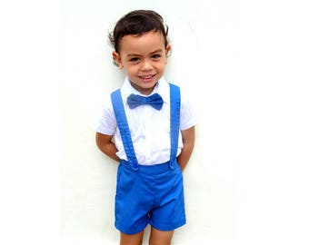 Boy Suspender Shorts- Royal Blue, Linen Shorts,Page Boy pants, Christening Outfit, Ring bearer, Baptism boy, Shorts with Braces