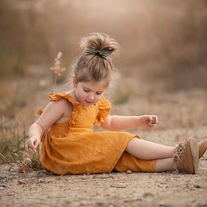 Baby Girl Linen Dress - Mustard, Flutter Sleeve Dress, Flower Girl Dress,Mustard Linen Dress,Baby Shower Gift,Tied Strap Dress, Golden Dress