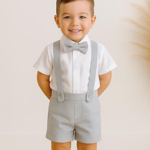 Light Grey Boy Suspender Shorts, Handmade Linen Blend Suit