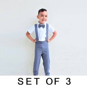 Gray Linen Outfit Baby Boy Many Color Shorts Suspenders Bow Tie