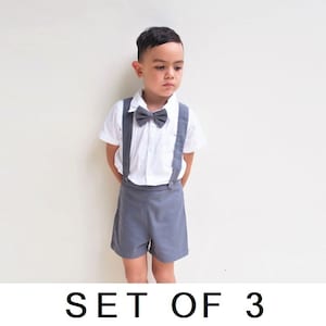 SET OF 3 - 10% Disc - 3 x 3pcs. Boy Suit - Charcoal, Boy Suspender Shorts, Boy Linen Suit,Page Boy,Ringbearer, Boy Wedding Suit,Linen Outfit