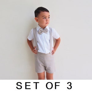 SET OF 3 - 10% Disc - 3 x 3pcs. Boy Suit - Beige, Boy Suspender Shorts, Boy Linen Suit,Page Boy,Ring bearer, Boy Wedding Outfit,Linen Outfit