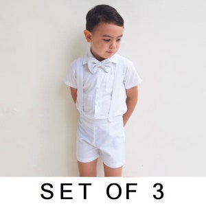SET OF 3 - 10% Disc - 3 x Boy Suspender Shorts - White, Suit pants Boy Wedding suit pants, Linen Shorts, Suit boy,Page Boy,Ring bearer,