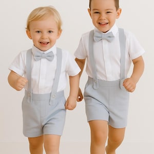 3pcs. Light Grey Ring Bearer Suit, Linen Blend Page Boy Suit, Ring Bearer Outfit, Christening Outfit, Boy Shorts Suspenders,Boy linen Suit