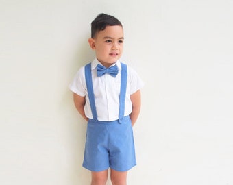 Boy Suspender Shorts - Blue, Linen Shorts, Page boy suit pants, Christening Outfit,Ring bearer,Baptism boy, Shorts with Braces, Wedding suit