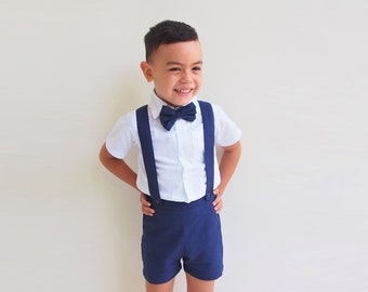Boy Suspender Shorts - Navy, Linen  Shorts ,Page Boy ,Christening Outfit ,Ring Bearer ,Baptism,Shorts with Braces,Baby Boy wedding suit
