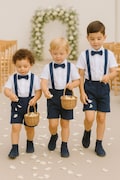3pcs. Navy Blue Ring Bearer Suit | Linen Blend Page Boy Suit | Ring Bearer Outfit | Christening Outfit | Baptism Shorts with Suspenders product logo