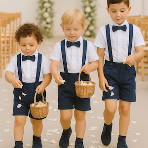 3pcs. Navy Blue Ring Bearer Suit | Linen Blend Page Boy Suit | Ring Bearer Outfit | Christening Outfit | Baptism Shorts with Suspenders