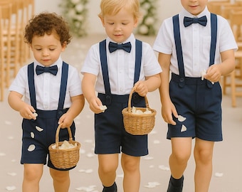 3pcs. Navy Blue Ring Bearer Suit | Linen Blend Page Boy Suit | Ring Bearer Outfit | Christening Outfit | Baptism Shorts with Suspenders