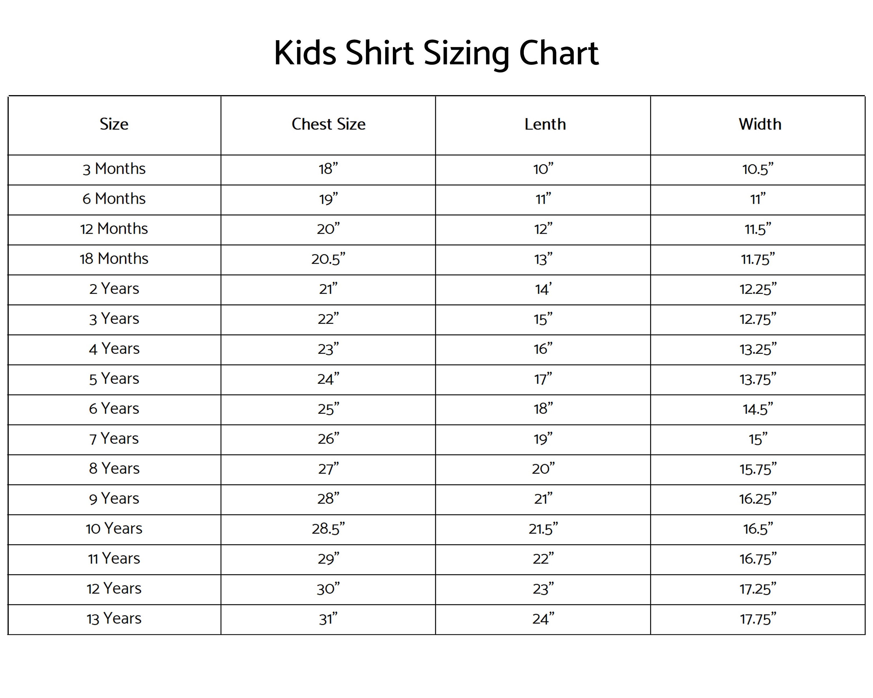 Father sons clothing size guide
