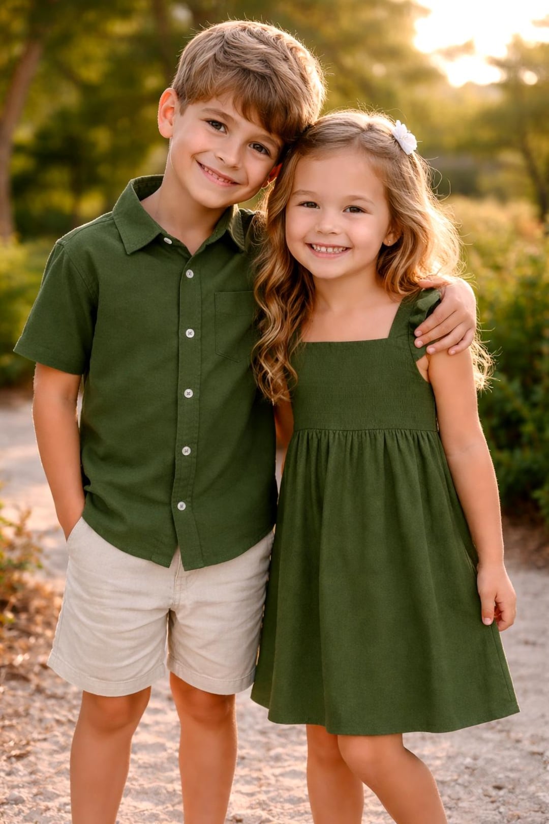 Matching Brother & Sister Rayon Outfit, Olive Green Shirt and Ruffle — free download