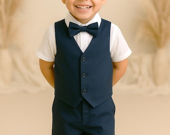 4pcs. Ring Bearer Suit, Navy Blue Page Boy Suit, Linen Blend Ring Bearer Outfit, Page Boy Outfit, Boy Wedding Suit, Christening Outfit