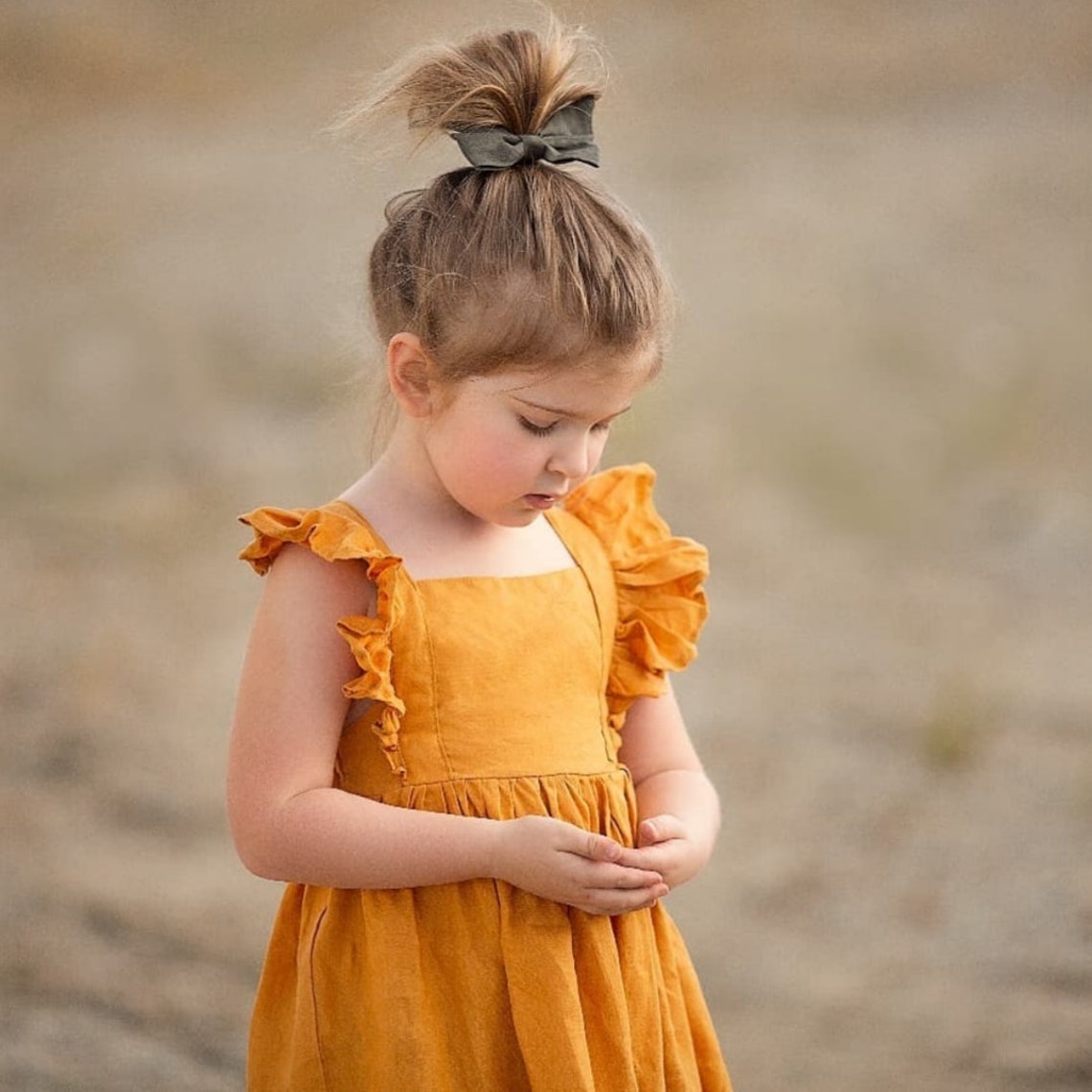 Baby Girl Linen Dress Mustard Flutter Sleeve Dress Flower Etsy