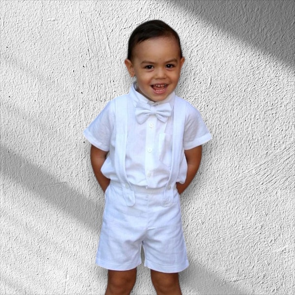 3pcs. Christening Outfit-White,Boy Suspender Shorts, Ring Bearer Suit, Page Boy Suit, Ring Bearer Outfit, Boy Linen Blend Suit, Baptism Suit