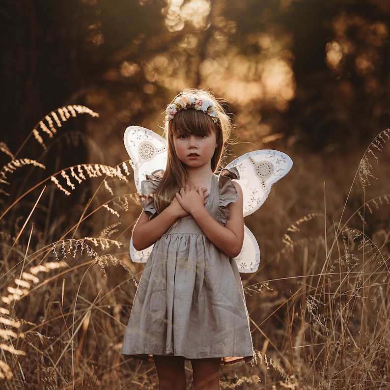 Tied Strap Dress, Beige Linen Dress Dark Beige Flutter Sleeve Dress Baby Girl Linen Dress Baby Shower Gift Flower Girl Dress