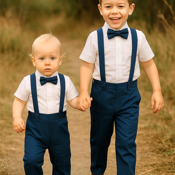 Navy Linen Blend Ring Bearer Outfit | Toddler Suspenders Suit