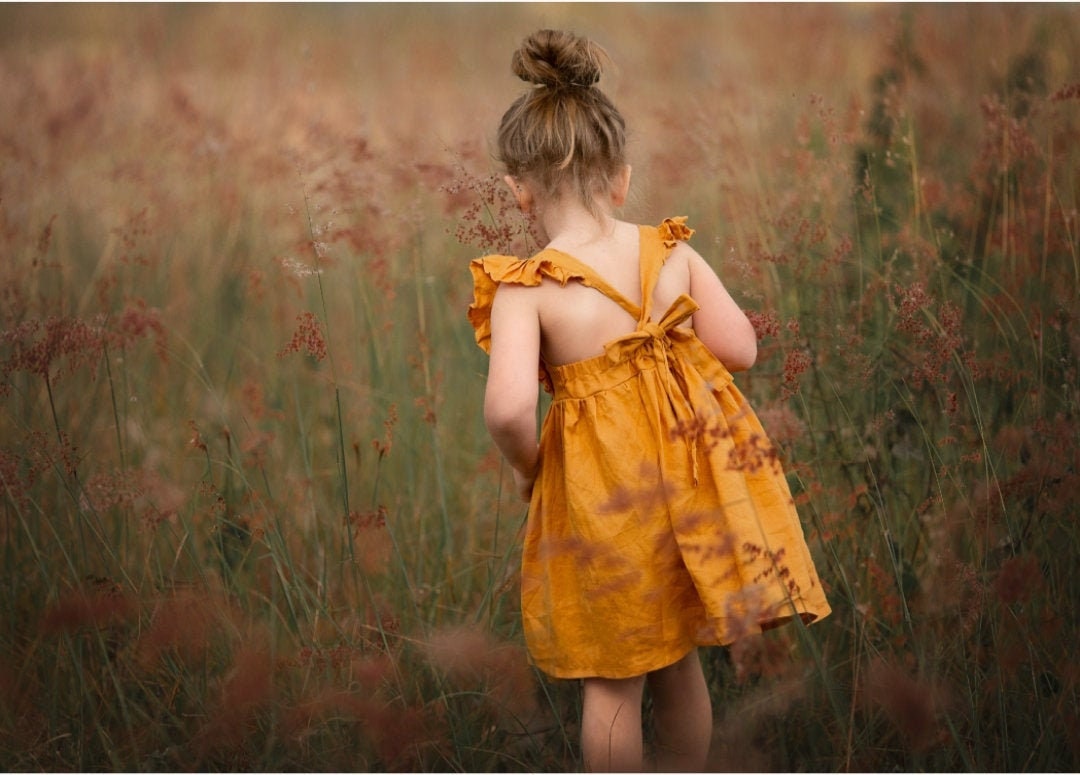 Baby Girl Linen Dress Mustard Flutter Sleeve Dress Flower Etsy
