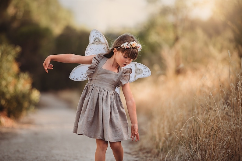 Tied Strap Dress, Beige Linen Dress Dark Beige Flutter Sleeve Dress Baby Girl Linen Dress Baby Shower Gift Flower Girl Dress