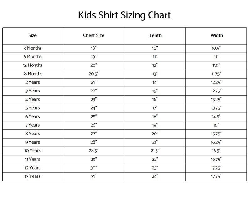 Puede incluir: Un gr&aacute;fico blanco titulado "Tabla de tallas de camisetas para ni&ntilde;os" con medidas de talla, pecho, largo y ancho en pulgadas. Las tallas van desde 3 meses hasta 13 a&ntilde;os.