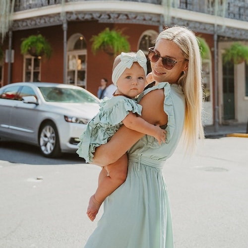 turquoise dress midi Flores Wide Stripe – Mi Golondrina Petal and Pup Women's Color Available:Beige Cream a line mothers Front metal embellishment