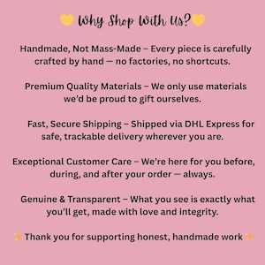 May include: Pink background with the text "Why Shop With Us?" in black. The text highlights handmade quality, premium materials, fast shipping, exceptional customer care, and genuine products. The image ends with "Thank you for supporting honest, handmade work."