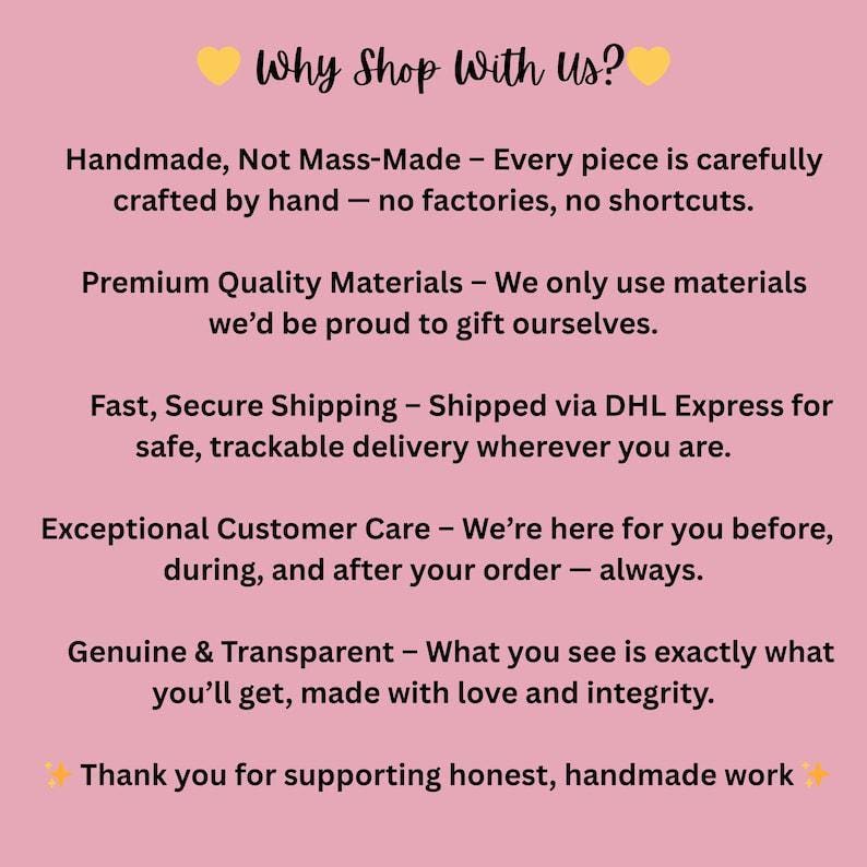 May include: Pink background with the text "Why Shop With Us?" in black. The text highlights handmade quality, premium materials, fast shipping, exceptional customer care, and genuine products. The image ends with "Thank you for supporting honest, handmade work."