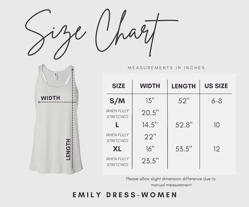 Puede incluir: Una tabla de tallas para el Emily Dress-Women, con medidas en pulgadas. La tabla incluye tallas S/M, L y XL, con las medidas de ancho y largo correspondientes. Tambi&eacute;n se enumeran las tallas de EE. UU. El texto "Size Chart" est&aacute; en la parte superior.