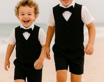 Black Linen Blend Toddler Suit, Ring Bearer Outfit, 4pcs