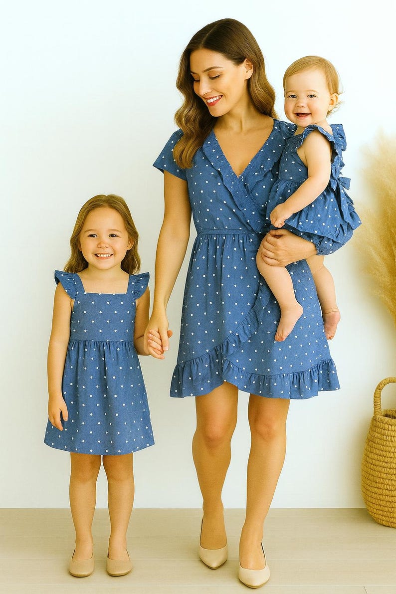 May include: A family of three wearing matching blue dresses with white polka dots. The dresses have ruffled hems and sleeves. The mother is holding a baby, and a young girl is holding her hand. The dresses are perfect for a family photo.