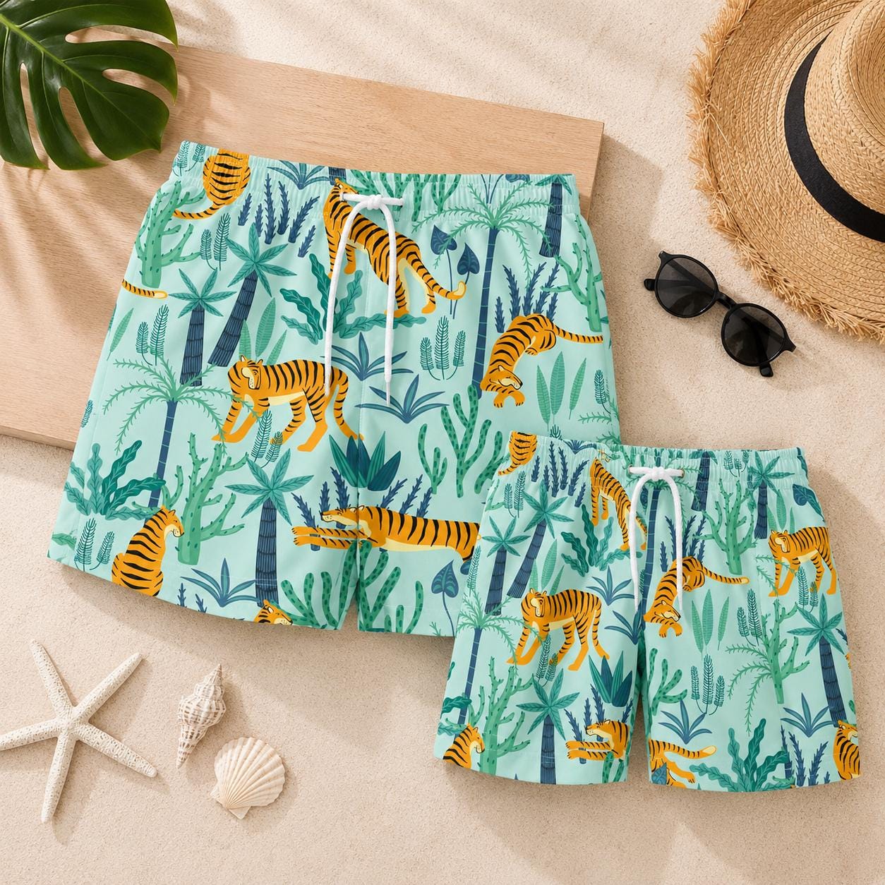 Father Son Matching Swim Trunks, Tropical Tiger Print Swim Shorts, Hawaiian Vacation Wear, Matching Family Swimwear